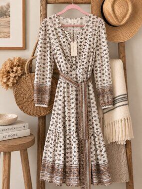 Cleobella Blakely Block Print Midi Dress Large NWT Organic Cotton